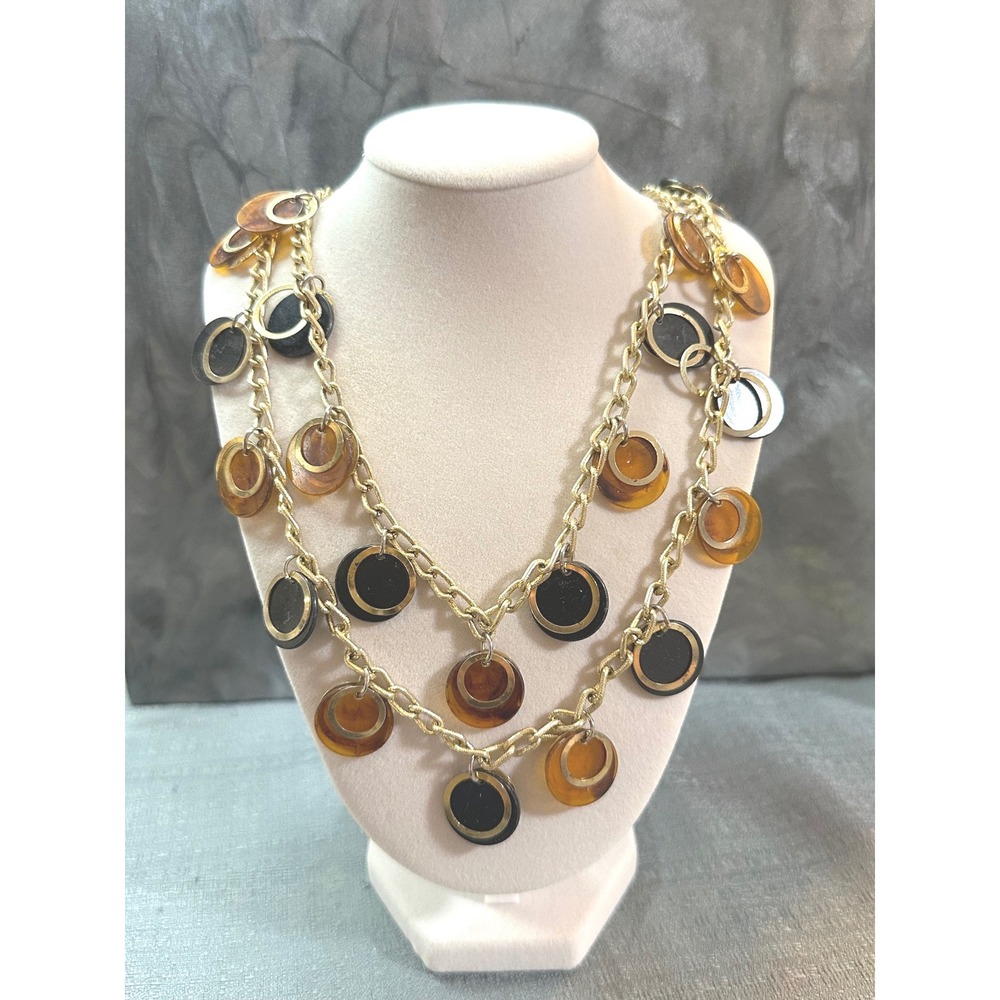Vintage Gold Tone Multi Strand Statement Necklace Amber Black Resin Disc Charms